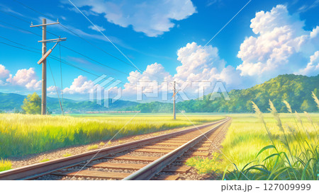 夏の線路の風景、アニメ風 127009999