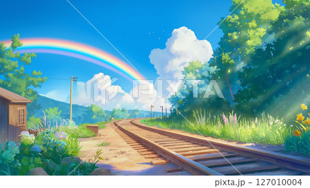虹がかかった田舎の線路の風景、アニメ風 127010004