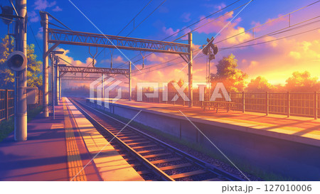 夕方の駅の線路の風景、アニメ風 127010006