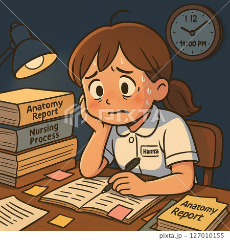 夏休みの課題に追い詰められて震える看護学生ハンナのイラスト 夏休みの課題に追い詰められて震える看護学生ハンナのイラスト 127010155