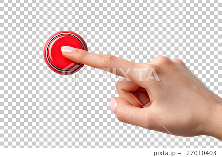 AI-generated item. Woman hand pressing a red button on transparent background. 127010403