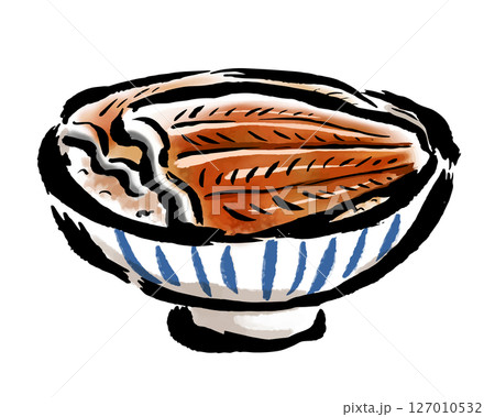 鰻丼(縦縞茶碗) 筆タッチ手描きイラスト 鰻丼(縦縞茶碗) 筆タッチ手描きイラスト 127010532