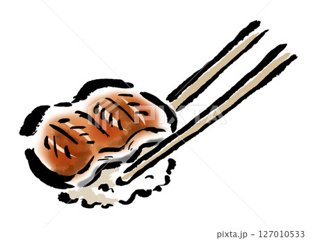 箸でつかんだ鰻ご飯　筆タッチ手描きイラスト 127010533