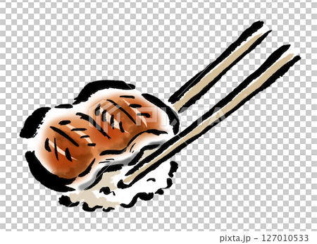箸でつかんだ鰻ご飯　筆タッチ手描きイラスト 127010533