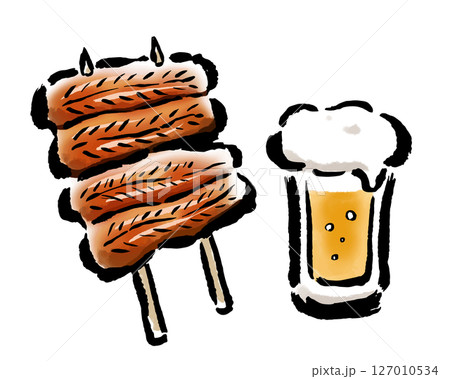 うなぎの蒲焼きとビール　筆タッチ手描きイラスト 127010534