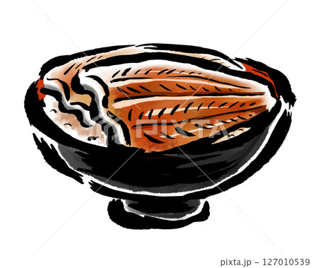 鰻丼（黒茶碗）　筆タッチ手描きイラスト 127010539