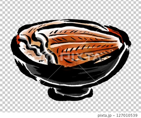 鰻丼（黒茶碗）　筆タッチ手描きイラスト 127010539