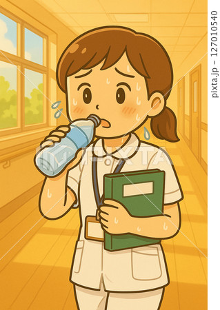 実習中に汗だくで水分補給する看護学生ハンナのイラスト 127010540