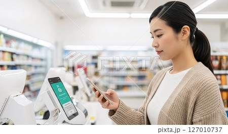 スマホを使ってキャッシュレス決済をする女性 127010737