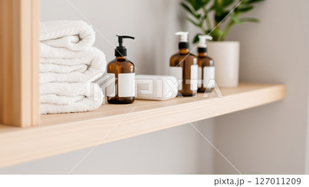 Spa treatment set, wooden shelf with neatly folded towels and dispensers for soap, cream, massage oil 127011209