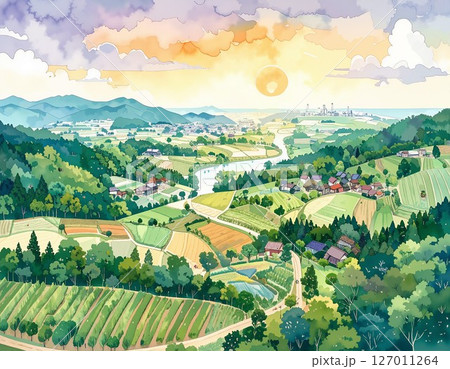 夕陽に染まる田園 127011264