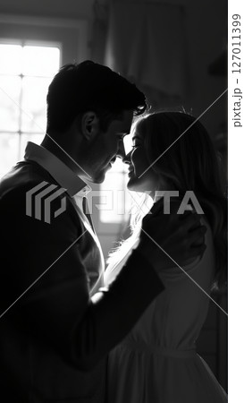Married couple hugging in the morning in the kitchen. Man and woman in love hugging in the rays of the morning sun. Monochrome image.  127011399