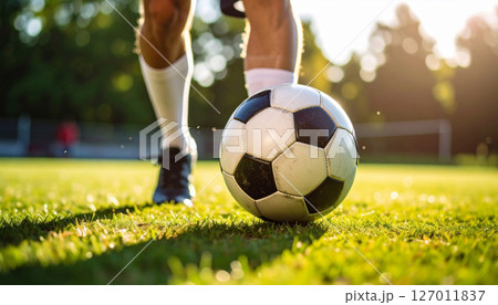 サッカーボール蹴るサッカー選手の足元（AI生成画像） 127011837