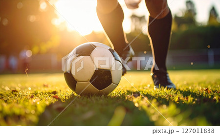 サッカーボール蹴るサッカー選手の足元(AI生成画像) サッカーボール蹴るサッカー選手の足元(AI生成画像) 127011838