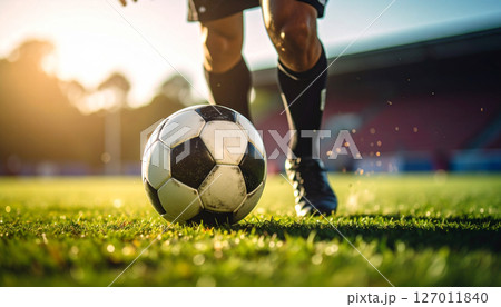 サッカーボール蹴るサッカー選手の足元（AI生成画像） 127011840