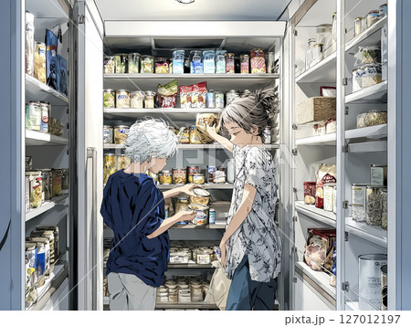 非常食を備蓄する人々のイラスト素材 127012197