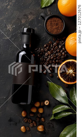 Coffee bottle with beans, oranges, and leaves on dark background. Rustic setup for food or beverage themes. Ideal for culinary or kitchen designs. 127012676