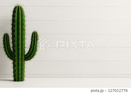 白い木の壁の前のサワロサボテン。背景画像	 127012776
