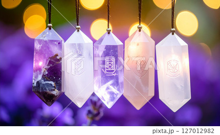 光に照らされた神秘的なペンデュラム型クリスタル 光に照らされた神秘的なペンデュラム型クリスタル 127012982