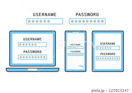 ユーザーネームとパスワードがタイピングされた様々な情報端末のイメージイラスト 127013147