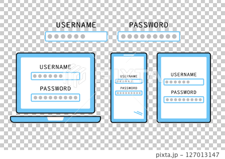 ユーザーネームとパスワードがタイピングされた様々な情報端末のイメージイラスト 127013147