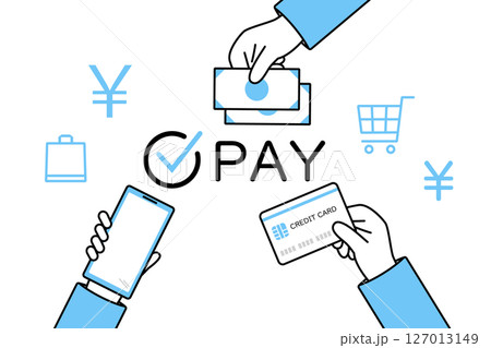 様々な方法で支払いを行う人物の手のイラスト 様々な方法で支払いを行う人物の手のイラスト 127013149