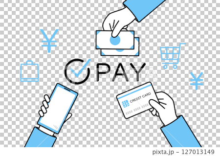 Illustration of human hands making payments in various ways Illustration of human hands making payments in various ways 127013149