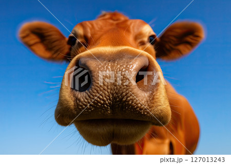 Close-up of Cow Nose Against Clear Blue Sky, Funny Animal Perspective 127013243