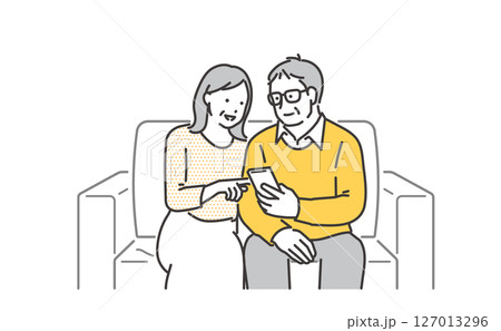 ソファに座って携帯を操作するシニア夫婦のイラスト素材 ソファに座って携帯を操作するシニア夫婦のイラスト素材 127013296