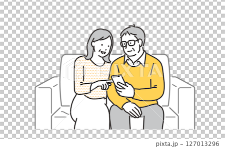 ソファに座って携帯を操作するシニア夫婦のイラスト素材 ソファに座って携帯を操作するシニア夫婦のイラスト素材 127013296