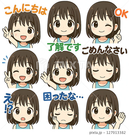 可愛い若い女性のちびキャラ風のアイコンセットイラスト。笑顔、ごめん、バイバイ、了解、OK 127013382