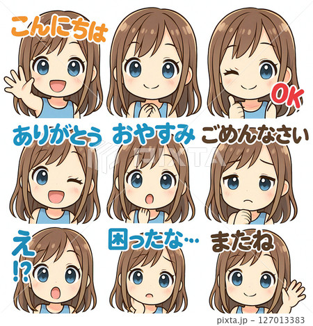 可愛い若い女性のちびキャラ風のアイコンセットイラスト。笑顔、驚く、ありがとう、ごめん、おやすみ、OK 127013383