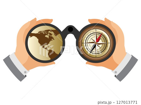 Businessman look through binoculars with world map and compass. 127013771