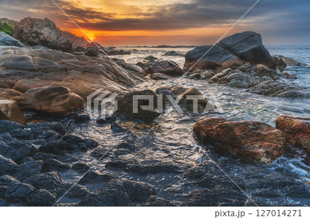 Panoramic landscape with volcanic basalt columns Ganh Da Dia on the beach by the sea. Da Dia reef in Vietnam at sunrise Panoramic landscape with volcanic basalt columns Ganh Da Dia on the beach by the sea. Da Dia reef in Vietnam at sunrise 127014271