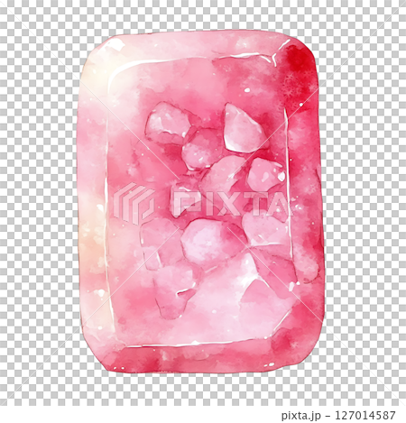 Watercolor illustration of pink ice cube with ice chunks inside 127014587