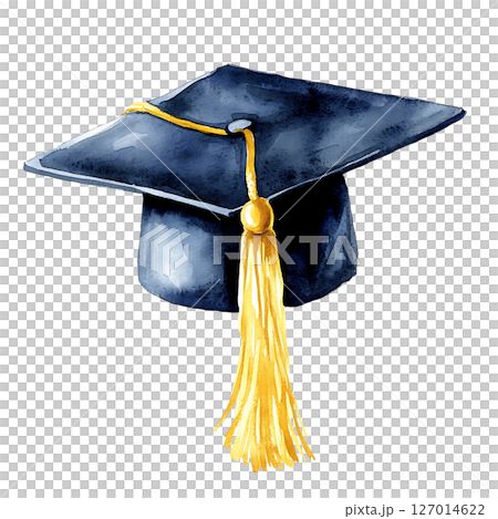 Watercolor illustration of graduation cap with gold tassel 127014622