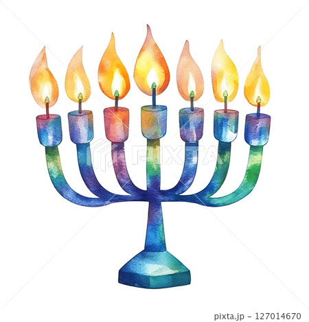 Colorful watercolor illustration of menorah with lit candles 127014670