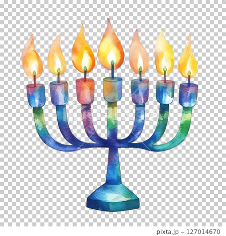 Colorful watercolor illustration of menorah with lit candles 127014670