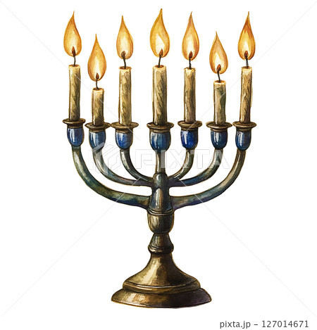 Traditional menorah with lit candles, symbolizing Hanukkah 127014671