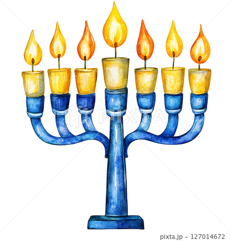 Colorful watercolor illustration of menorah with lit candles 127014672