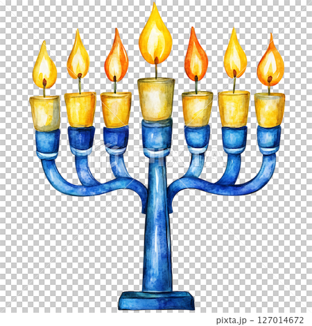 Colorful watercolor illustration of menorah with lit candles 127014672