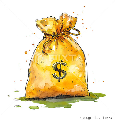 Watercolor illustration of money bag with dollar sign, tied top 127014673