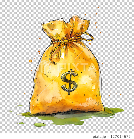 Watercolor illustration of money bag with dollar sign, tied top 127014673