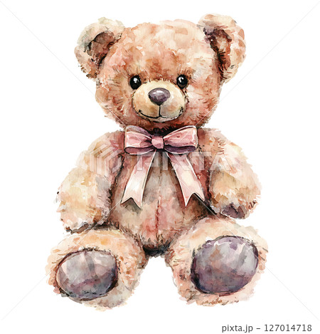 Cute teddy bear with pink ribbon around its neck watercolor style 127014718