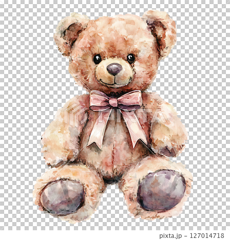 Cute teddy bear with pink ribbon around its neck watercolor style 127014718