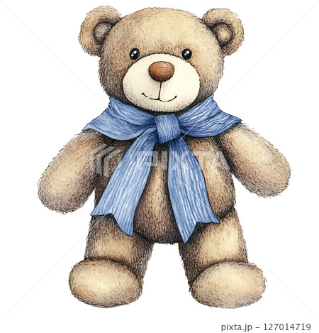 Cute teddy bear with blue scarf soft and cuddly friendly 127014719