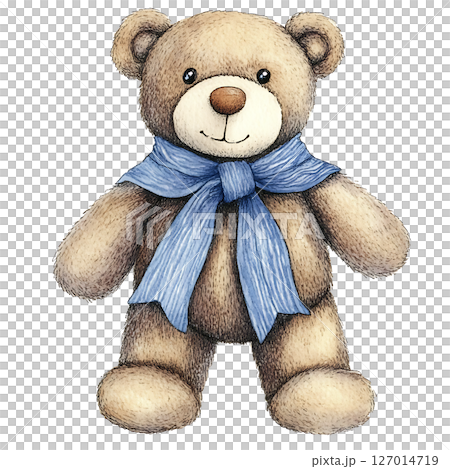 Cute teddy bear with blue scarf soft and cuddly friendly 127014719