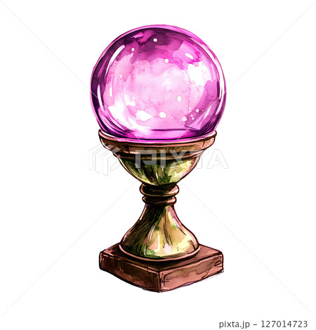 Colorful crystal ball on wooden stand with mystical appearance 127014723