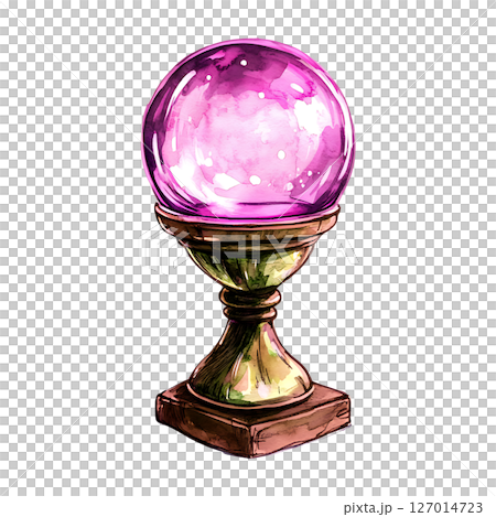 Colorful crystal ball on wooden stand with mystical appearance 127014723
