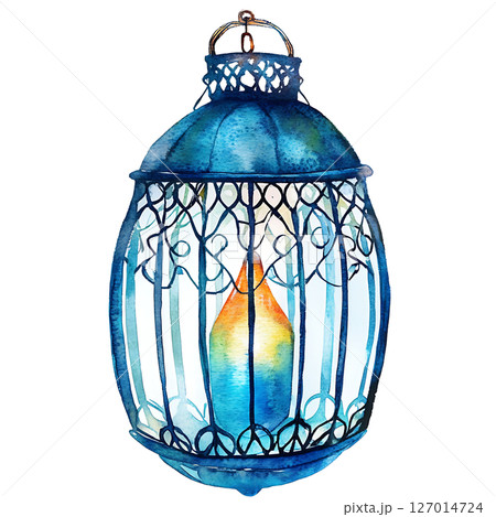 Watercolor lantern with candle inside, glowing softly 127014724